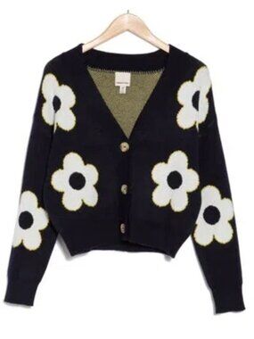 INDUSTRY REPUBLIC CLOTHING Floral Jacquard Cardigan In Navy White Citron XS